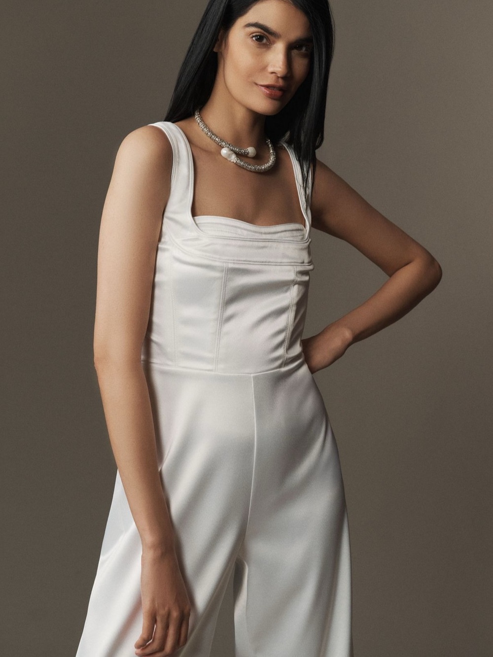 BHLDN Ivory Satin Sleeveless Flared-Leg Jumpsuit